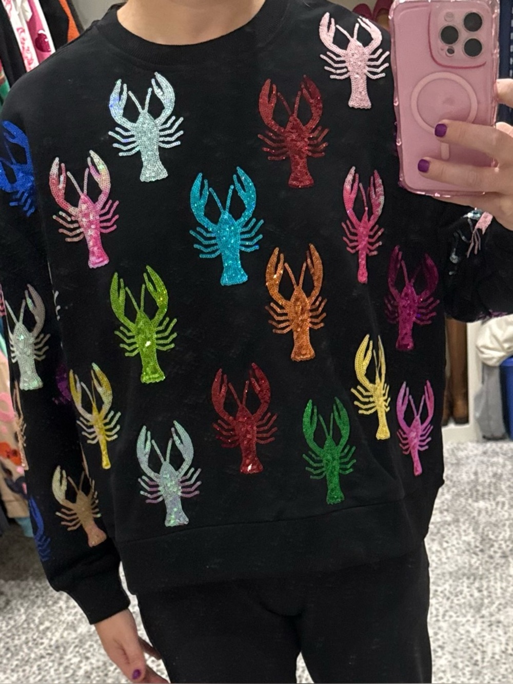 Black Sequin Crawfish Crewneck Sweater -